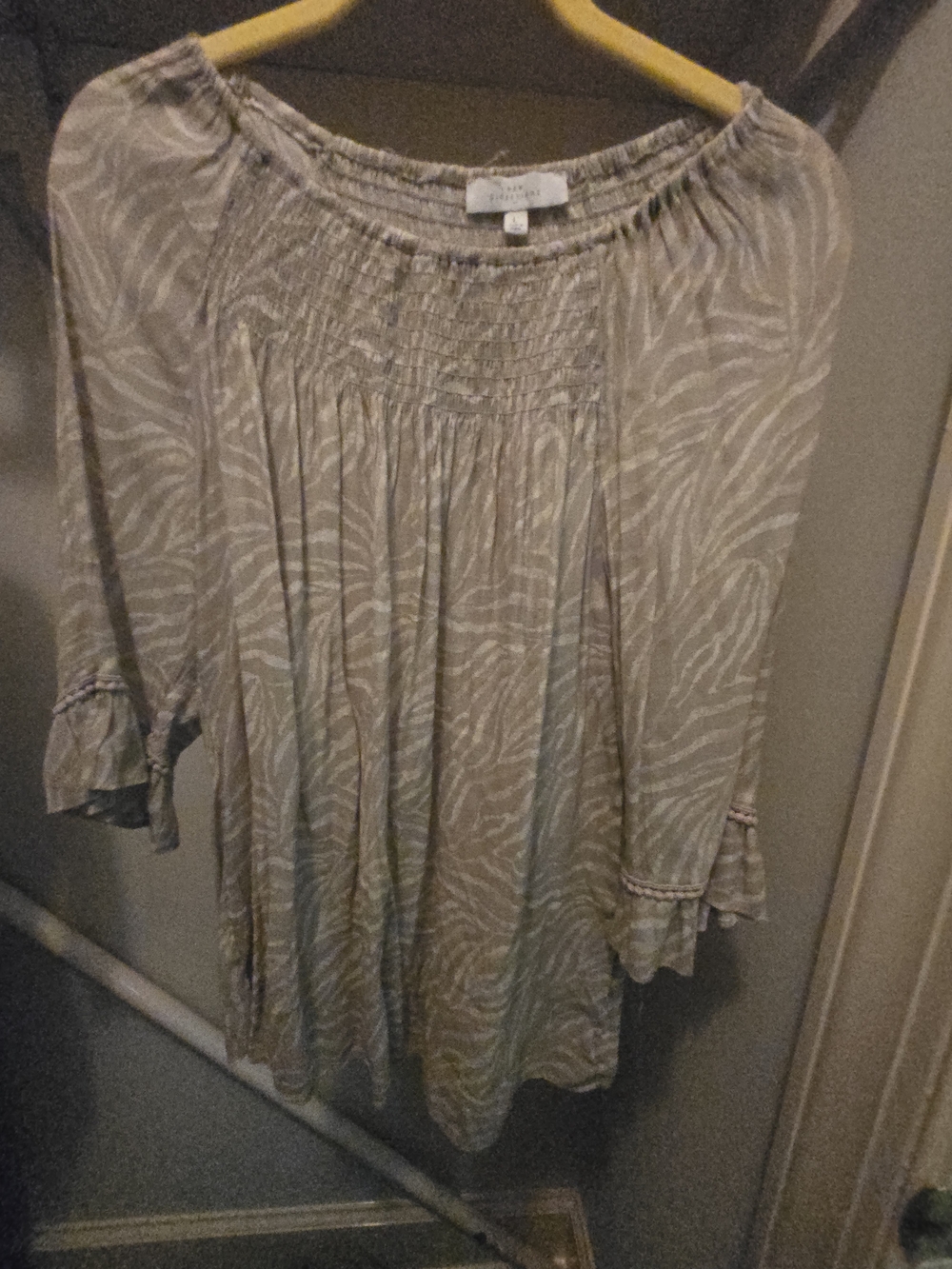 new directions Taupe-Cream Zebra Print Peasant Blouse